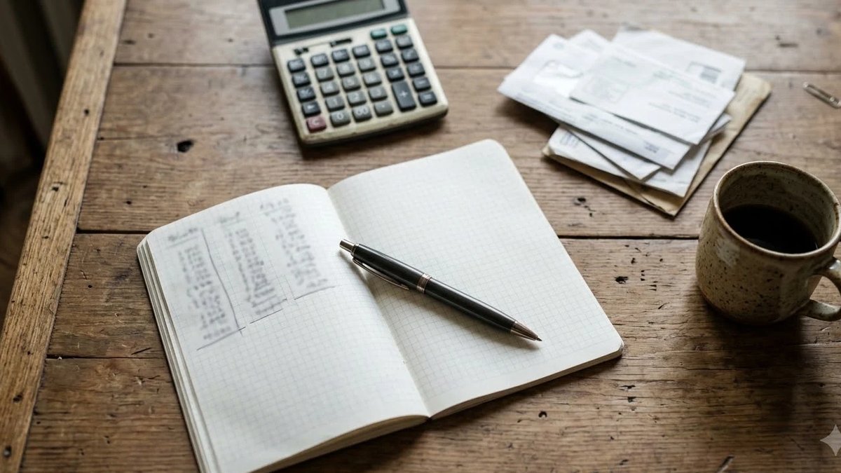 Zero based budgeting notebook and bills on a table